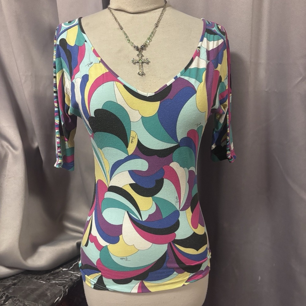 Emilio Pucci Abstract Swirl Print Top Small Scoop Neck 3/4 Sleeve Multicolor